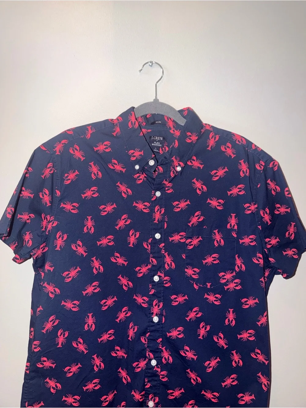 J. Crew Navy Short-Sleeve Button-Down with Red Lobster Print